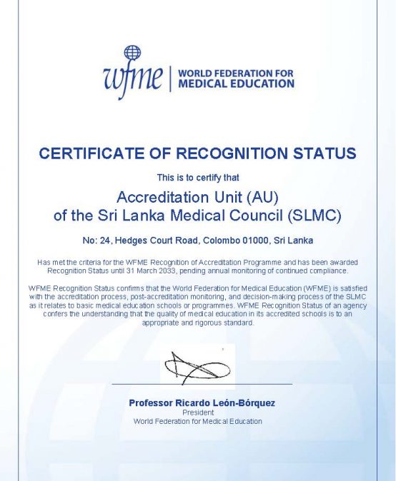 SLMC Accreditation Unit Awarded WFME Recognition
