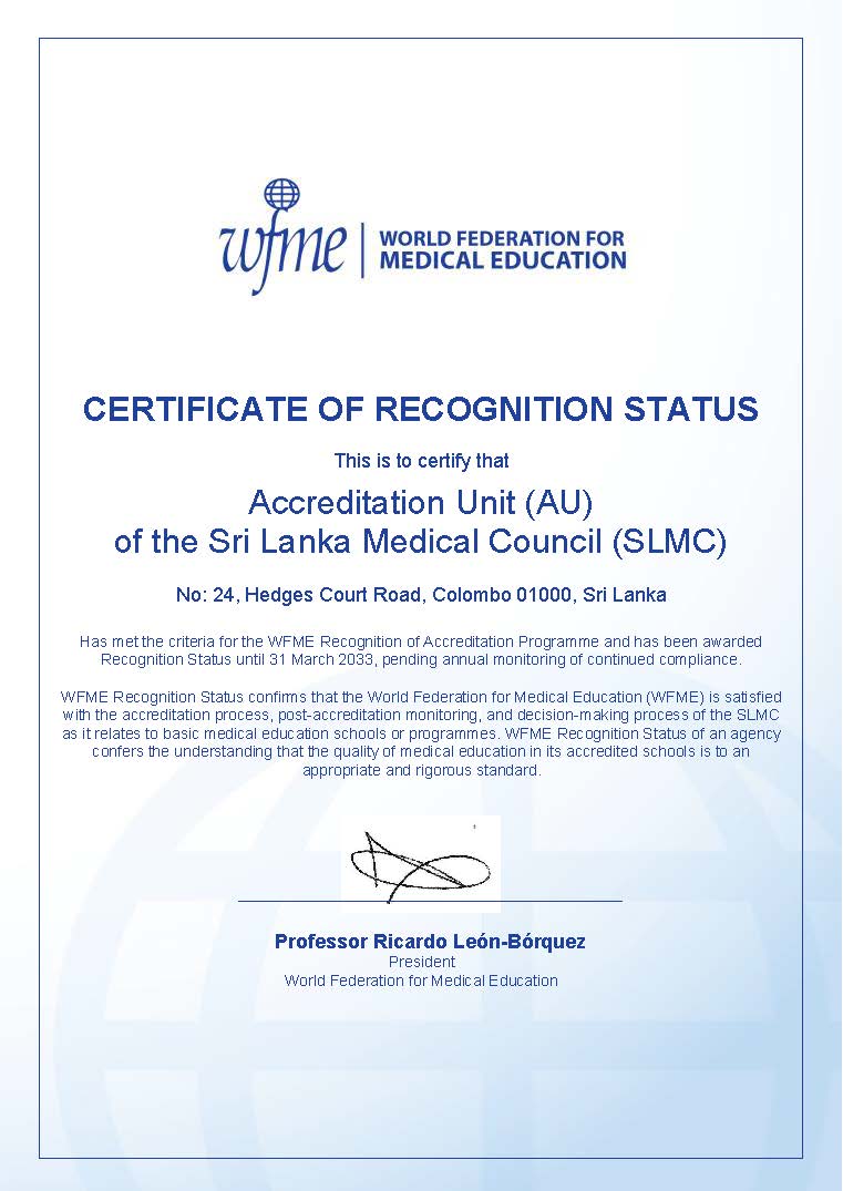 SLMC Accreditation Unit Awarded WFME Recognition